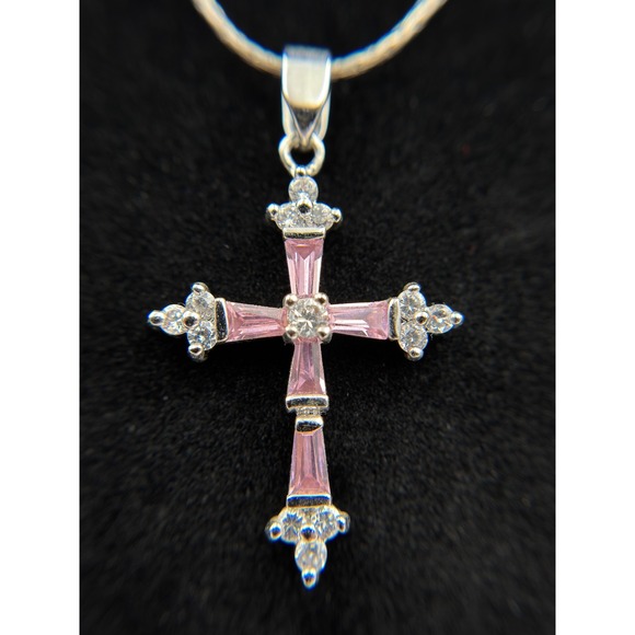 Cookie Lee Silver Tone Pink & Clear Rhinestone Cross Pendant 18" Faith Necklace - Picture 1 of 10
